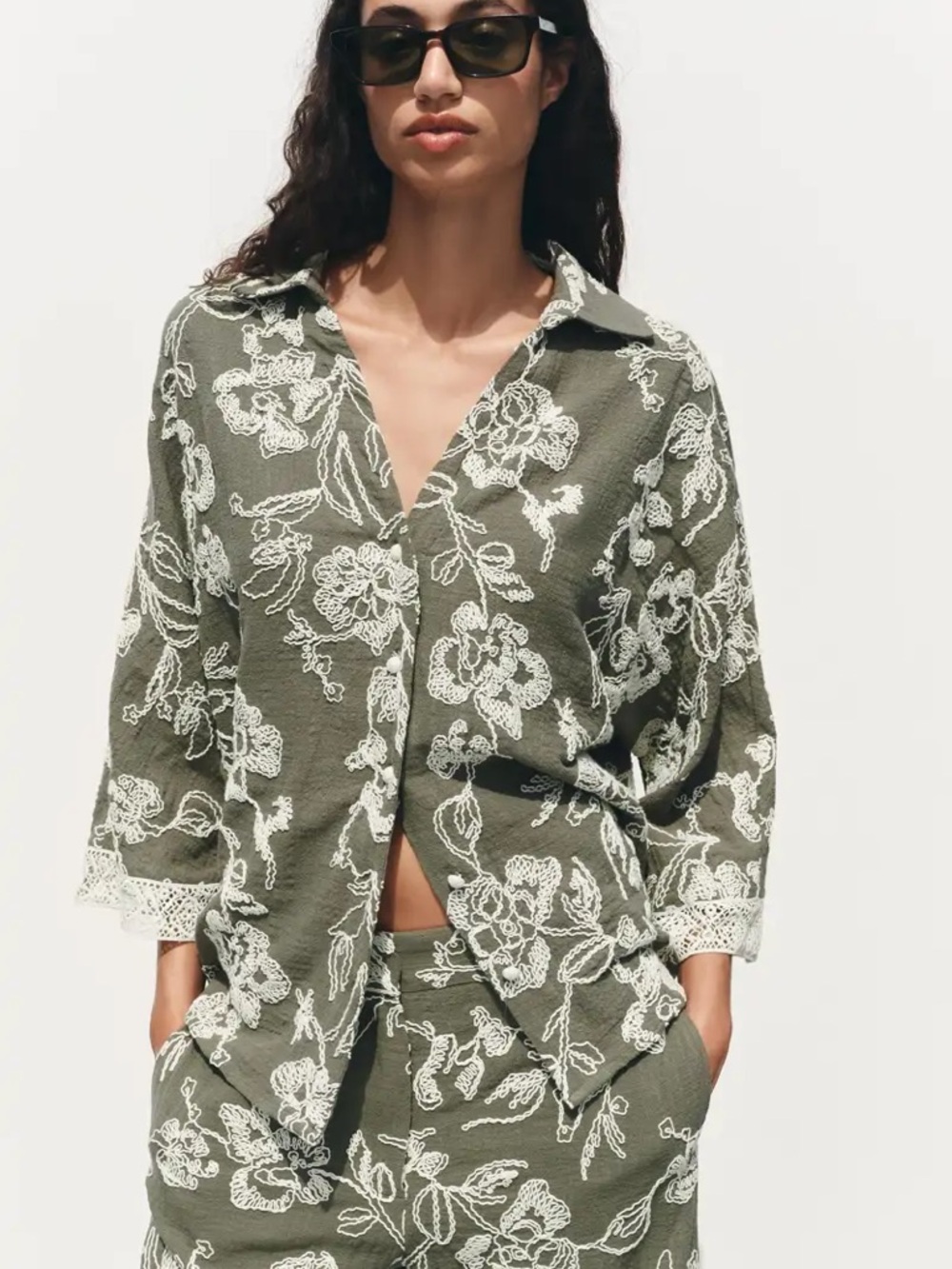ZARA EMBROIDERED GUIPURE LACE SLEEVE SHIRT